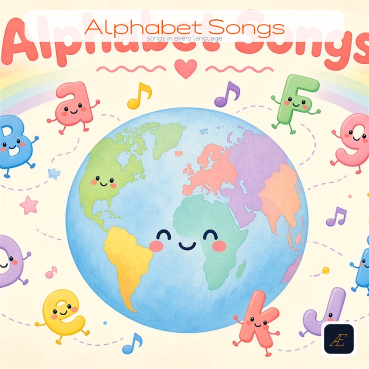 Album cover for LingoCapture (Alphabet Songs from Around the World) Pt. 1: a smiling globe surrounded by dancing letters and music notes